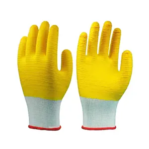 Wholesale Safety Protective Wear Resistant PPE 13G Nylon Rubber Dipped Yellow Polyester Half Wave Crinkle Latex Coated Gloves