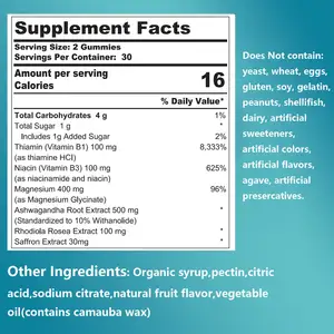 Label pribadi Magnesium Glycinate Gummies dengan Ashwagandha Rhodiola Rosea & Saffron Vitamin B1Support Energy calm mood gummies