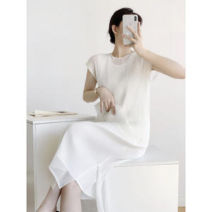 Ensemble plissé Miyake élégant en maille unie, jupe midi amincissante à manches courtes, <span class=keywords><strong>grande</strong></span> <span class=keywords><strong>taille</strong></span>, vêtements pour femmes - Product Image 1