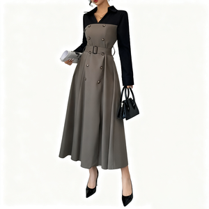 Robe de bureau élégante pour femmes avec col rabattu et boutons tendance, robe <span class=keywords><strong>longue</strong></span> à manches longues avec ceinture, couleur contrastée - Product Image 3