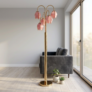 Pink Glass Petal <b>Floor</b> <b>Lamp</b> with Metal Base Contemporary Design Large Size <b>for</b> Residential Use - Product Image 1
