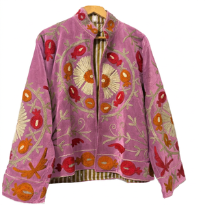 Embroidered <b>Quilted</b> Velvet Bomber <b>Jacket</b> Floral <b>Pattern</b> Mandarin Collar Full Sleeve Autumn Women's Handcrafted Cotton Design - Product Image 4