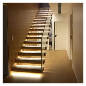 Alucasa Floating Straight Stairs Central Spine Stair Middle Stringer Staircase With Wood Tread And Frameless Glass Railing