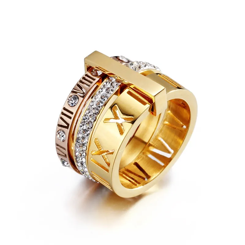 ファッション豪華なジュエリーローマ数字大きな大胆な指輪ジルコン付きステンレス鋼