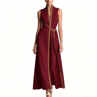 Robe longue en lin sans manches, de qualité standard, avec blocs de couleur, ceinture portefeuille et poches pour femme - Collection Sehe Fashion