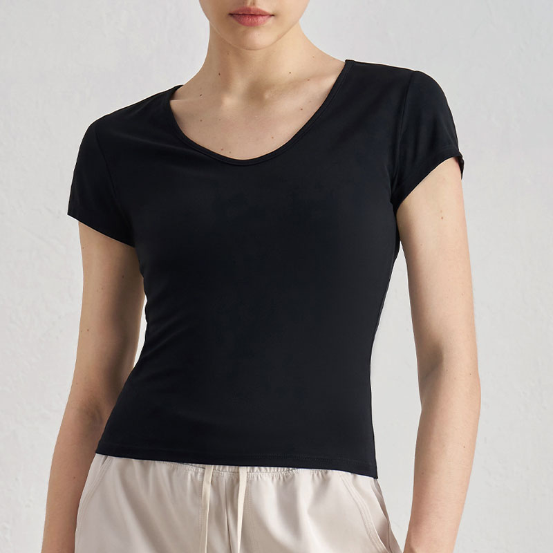 Women's High Quality Naked Feeling Dark V Neck Crop T Shirt Outfit Gym Yoga Sports Work Out Fitness Short Sleeves T-Shirts