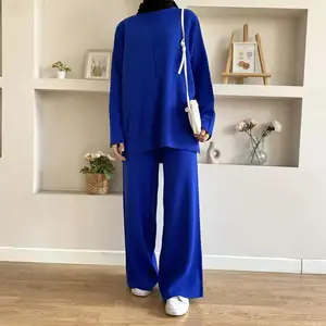 מוצק צבע צמר סוודר שתי חתיכה להגדיר חליפה מוסלמית חדש חורף נשים בגדים למעלה ומכנסיים חליפת עבור מוסלמי בנות