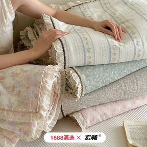 Korean Style Girly All Cotton Summer Quilt Four Piece Set Pastoral Floral Print Cooling <b>Bedding</b> For Women - Product Image 1