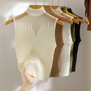 Nouveau débardeur sans manches à col mi-haut pour femme, tricoté, court, tendance été - Product Image 4