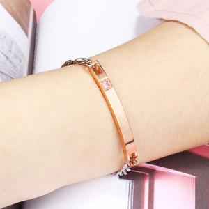 <b>Couple</b> <b>Bracelet</b> 5MM Stainless Steel Chain With Laser Engraved Plate And Gemstone Gift For Him Her - Product Image 2
