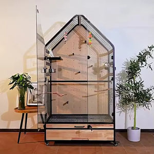 Perroquet De Luxe Villa Cage À Oiseaux Grand Espace Mobile En Bois Massif Fer Verre Moderne Carré Motif En Plastique Métal Niché Maison D'oiseau - Product Image 1