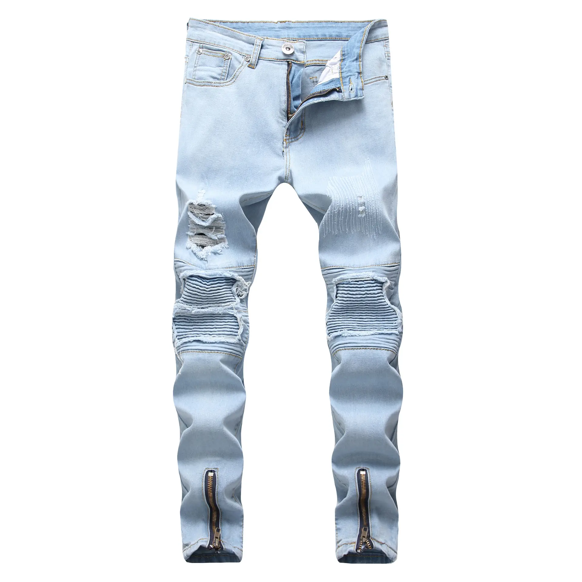 Ripped motorbike light blue slim fit casual damage jeans for men autumn