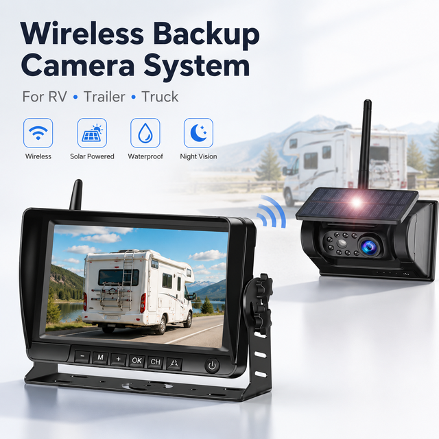 Wireless Solar-Powered 7 Inch AHD Truck Backup & Reverse Camera System 1080P Recording Rear View Monitor Night Vision SD Card