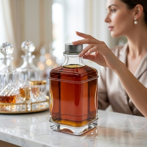 Botella de <span class=keywords><strong>Licor</strong></span> Cuadrada Vintage de Vidrio Transparente con Tapón de Corcho, Acabado Esmerilado/Mate, Logotipo Personalizado, Alta Calidad, 500ml/700ml/750ml para Licores - Product Image 1