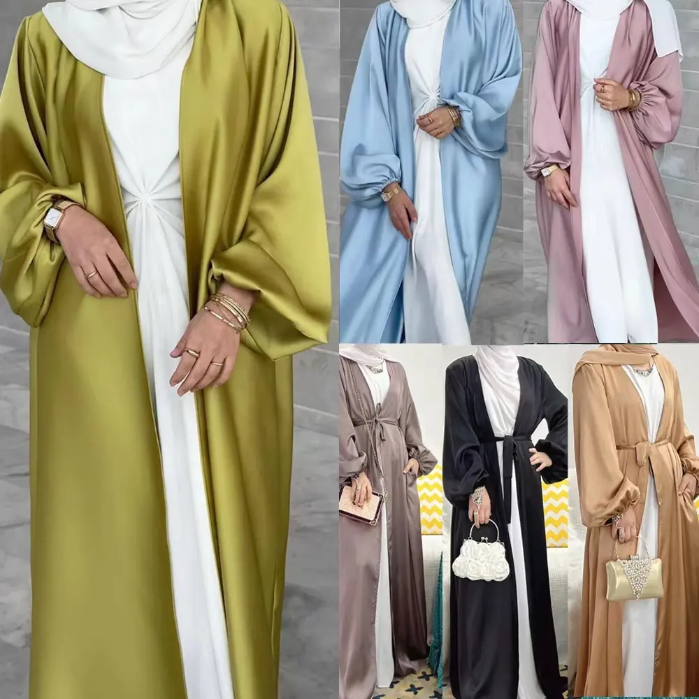 Satin Open Abaya Kimono Turkey Bubble Sleeve Abayas for Women Dubai Dress Islamic Clothing Modest Outfits Kaftan