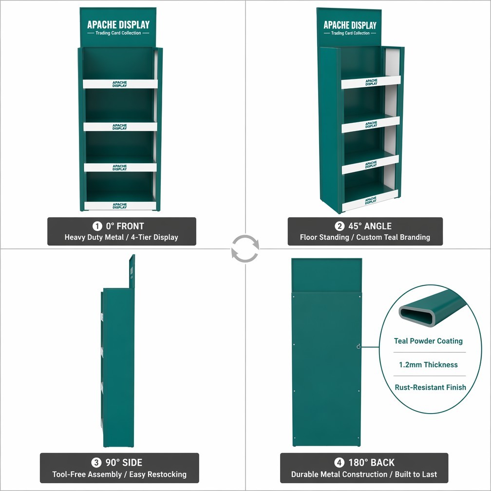 Apache Custom Card Display Rack 4-Way 4-Tier Metal Game Merchandiser Knock Down Rotating Stand for Hobby Store OEM ODM — view 3