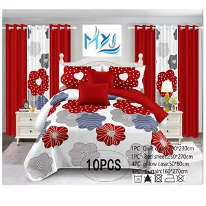 Set di lenzuola da sposa rosse per camera da letto da 10 pezzi in stile americano con tende