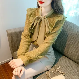 Office Lady Elegant Lace Hollow Out Shirt Solid Color Spring Autumn Long Sleeve Sweet Scarf Collar Bow Stylish Ruffles Blouse