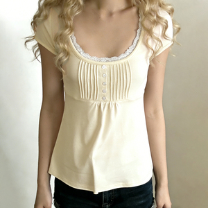 เสื้อยืดแขนสั้นคอวีแต่งลูกไม้ติดกระดุมด้านหน้าทรงเอไลน์ ผ้าถัก สไตล์ลำลอง แฟชั่นฤดูร้อนสำหรับผู้หญิง - Product Image 1