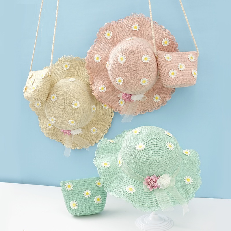 Соломенная Панама с сумочкой для девочек, Детская летняя пляжная Панама для отдыха на открытом воздухе, путешествий, с цветами