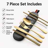 Ensemble de couverts portables en acier inoxydable 304, 7 pièces, couteau, fourchette, cuillère, baguettes, paille, ensemble de couverts de voyage et de camping avec étui