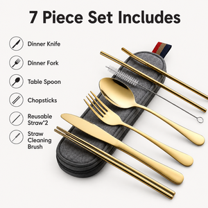 7Pcs 304 Stainless Steel Portable Cutlery Set Knife Fork Spoon Chopsticks Straw Travel <b>Camping</b> Flatware Set with Case - Product Image 2
