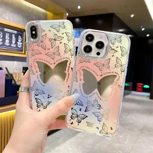 Pink Fancy Butterfly Cell Phone Case Makeup Case with Mirror Shockproof Hard PC Mobile Phone Back Cover for Girls