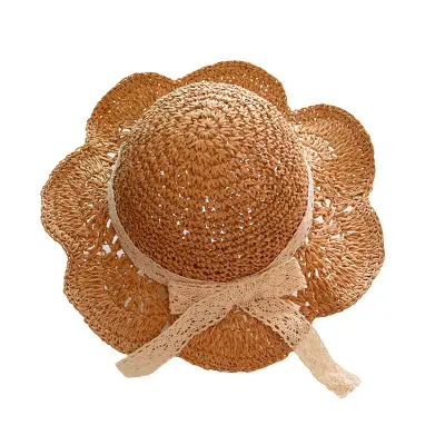 N1357 Ademend Kant Cap Boog Strand Zonnehoed Zomer Kinderen Strooien Hoeden Baby Meisjes Wide Brim Kids Prinses Reizen zonnescherm Hoed