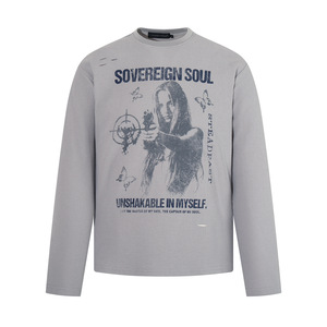 Camiseta de Manga Larga Estilo Americano Vintage con Estampado de Retrato, Tejido Waffle, 35% Algodón, 65% Poliéster, Unisex, Streetwear, Desgastada - Product Image 5
