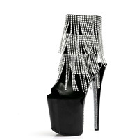 Bottines à franges noires à bout ouvert, 8 pouces (20 cm), chaussures de pole dance, style exotique, pour drag queen, grande taille, vêtements de danseuse de spectacle en club