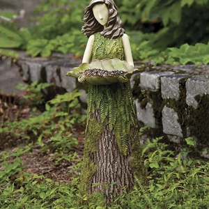 Garden Girl Bird Feeder Figurine <strong>Resin</strong> Tree Stump Statue with Seed Tray for Outdoor <strong>Backyard</strong> Decor Art - Product Image 2