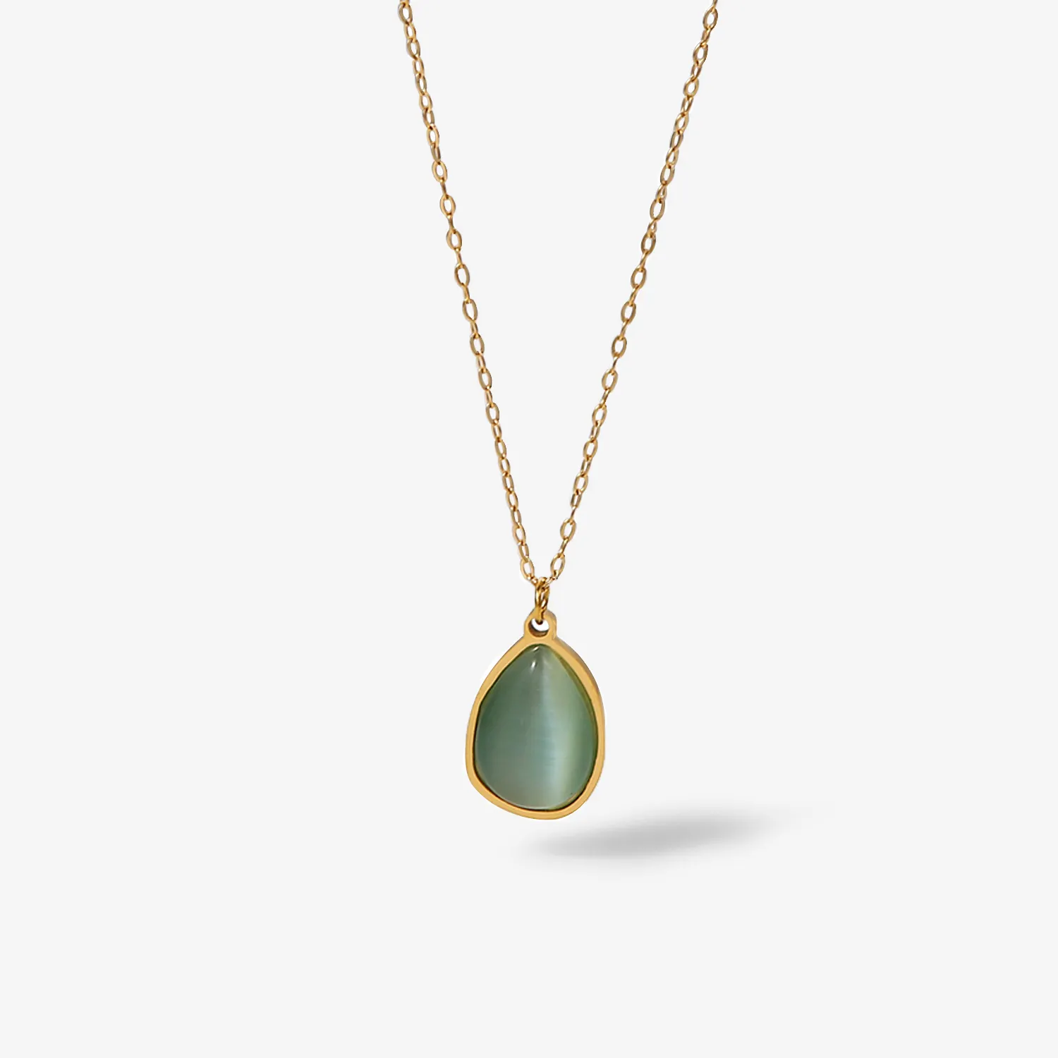 Water Drop Titanium Steel Pendant Necklace 18K Gold Plated Stainless Steel Green Opal Stone Necklace