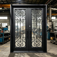 Porte d'entrée principale en fer forgé double au design moderne pour villa, avec verre trempé, forte sécurité, extérieur, appartement, prévention des incendies