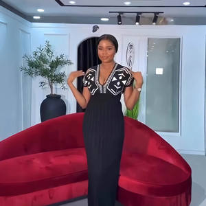 Robe Longue Slim Imprimée <span class=keywords><strong>Motif</strong></span> Vintage pour Femme, Mode Taille Haute Jacquard, Robe de Soirée Élégante, Col en V, Manches Courtes, Style Bohème - Product Image 2