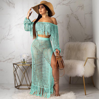 Meilleure Vente Nouveauté Été Ensemble Deux Pièces Long en Polyester Uni Évidé Sexy Chic Élégant en Maille Transparente à Franges pour Femme