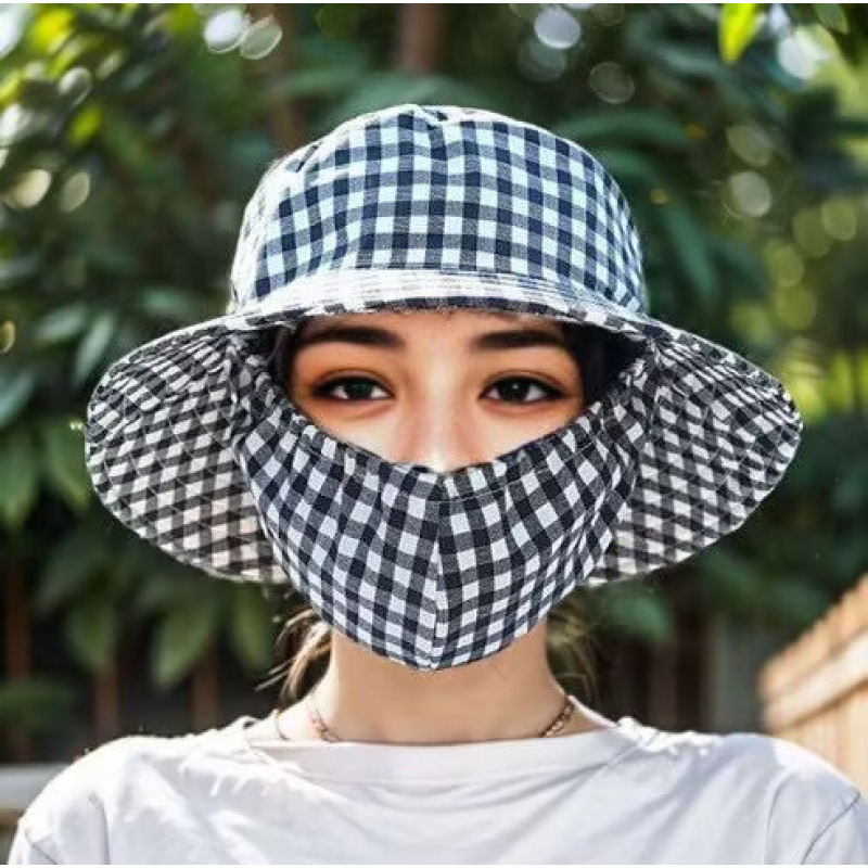 Tea-picking hat [black and white grid]