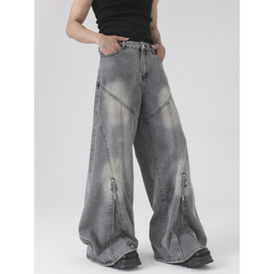 <span class=keywords><strong>Jeans</strong></span> Oversize a <span class=keywords><strong>Gamba</strong></span> <span class=keywords><strong>Larga</strong></span> da Uomo in Denim Grigio Effetto Acid-Wash con Cerniera Laterale Unisex Stile Futuristico - Product Image 1