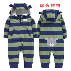 冬の厚い暖かいベビーパーカーロンパース幼児ストライプダブルジッパーパジャマベビーフリースジャンプスーツ