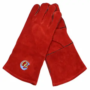 Kırmızı inek bölünmüş deri özel logo tig kaynak güvenliği çalışma mig kaynakçı uzun 14 inç koruyucu eldivenler