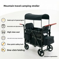 Poussette métallique quatre places avec fonction couchage plat pour s'asseoir et s'allonger, idéale pour les sorties familiales en camping