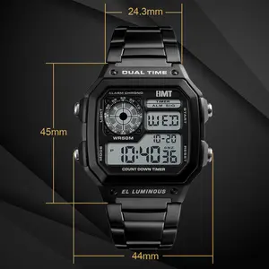 럭셔리 LCD 패션 방수 전자 골드 스테인레스 스틸 스트랩 스포츠 듀얼 타임 손목 디지털 시계