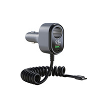 Cargador de Coche Portátil GC16 con Cuatro Puertos USB-C de Carga Rápida, 12-24V, Encendedor de Cigarrillos Universal, para iPhone y Teléfonos Móviles, con Cable Espiral de 1.5m