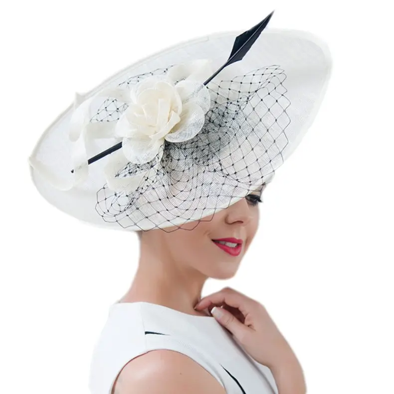 Sinamay-Sombrero de Iglesia blanco para mujer, tocado elegante para fiesta de té, sombrero de boda con diadema de estilo Derby