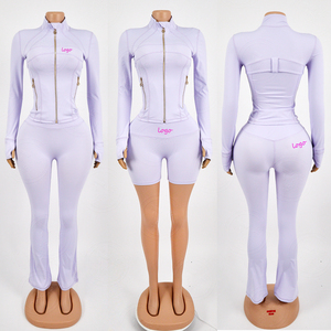 Abbigliamento Yoga Personalizzato per Ragazze Alte, Set da Allenamento Fitness Due Pezzi, Giacca con Cerniera Dorata e <span class=keywords><strong>Leggings</strong></span> Aderenti a Zampa - Product Image 2