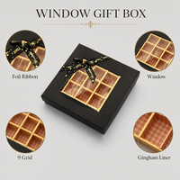 Boîte Cadeau Luxe Noire Mate avec Fenêtre, 16 Compartiments, Ruban Doré Magnifique, Nœud Chocolat, OEM, Marque Privée, Vente en Gros