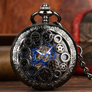 <span class=keywords><strong>Montre</strong></span> de poche mécanique manuelle pour homme, chiffres romains bleu royal, engrenages noirs, design creux, chaîne de poche, pendentif, horloge vintage - Product Image 1
