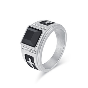 Cross <b>Titanium</b> Steel <b>Ring</b> With <b>Black</b> Gem And Diamond Pave Setting For Men Hip Hop Punk Jewelry - Product Image 5