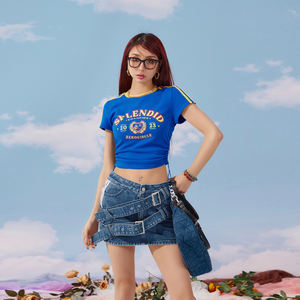 Y2K Letter Printed Knitted <strong>90s</strong> Crop Tops O-Neck Short Sleeve Drawstring Splice <strong>T</strong>-<strong>shirts</strong> Vintage BF Clothing Top - Product Image 5