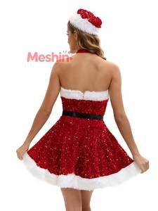 MS Women's Santa Claus Style Christmas <b>Costume</b> Shiny Sequin Dress Holiday Party Stage Performance <b>Cosplay</b> Outfit Red Polyester - Product Image 4