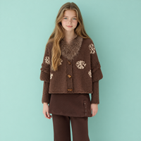 Cardigan en tricot pour filles avec col en fausse fourrure, motif flocon de neige jacquard, boutons en corne, coupe ample, court, pour enfants